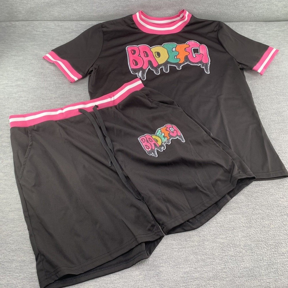 Women Black Bodycon Shirts & Shorts with Sequined Front Logo Set Size 2XL (A41)